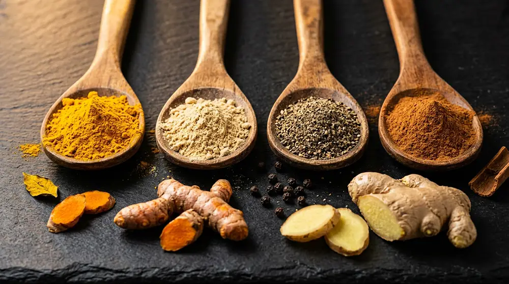 Cuill&egrave;res de curcuma jaune, gingembre en poudre, poivre noir et racines de curcuma fra&icirc;ches