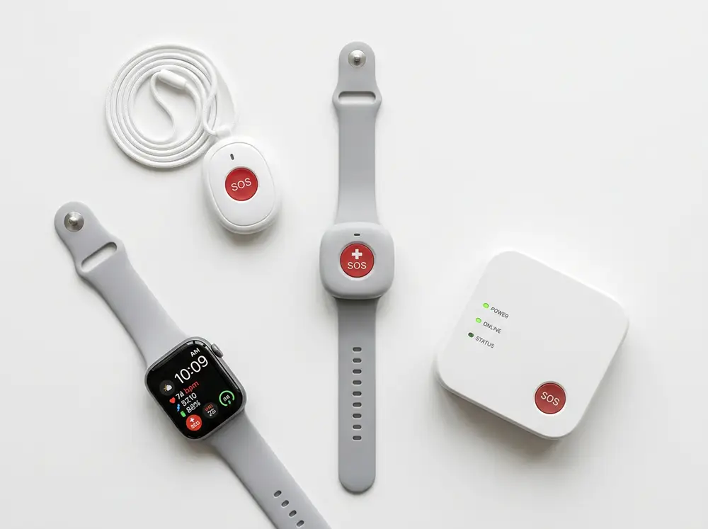 Diff&eacute;rents dispositifs de t&eacute;l&eacute;assistance : bracelet, m&eacute;daillon, bo&icirc;tier et montre connect&eacute;e