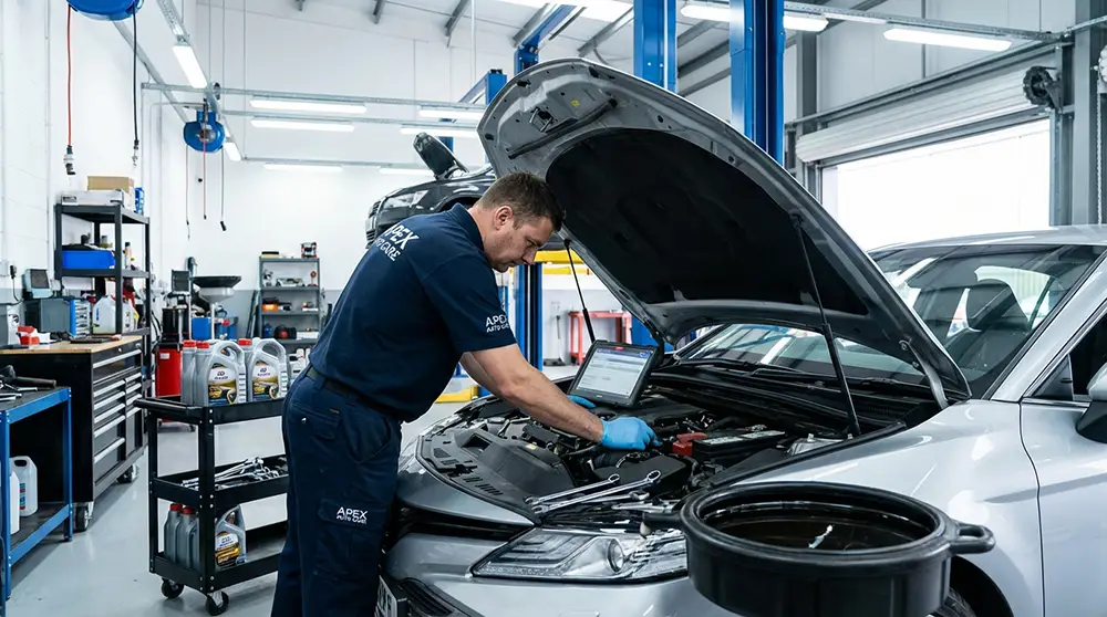 M&eacute;canicien effectuant une r&eacute;vision moteur dans un garage automobile