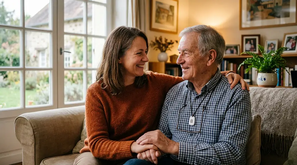Fille adulte et p&egrave;re &acirc;g&eacute; souriants ensemble &agrave; domicile, p&egrave;re portant un m&eacute;daillon d'alerte