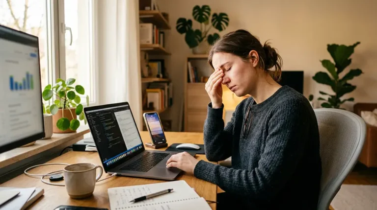 Photographie lifestyle moderne d'une personne travaillant à un bureau avec ordinateur portable et smartphone montrant des signes de fatigue numérique, main touchant la tempe en geste de fatigue, plusieurs écrans visibles, bureau à domicile réaliste avec lumière naturelle
