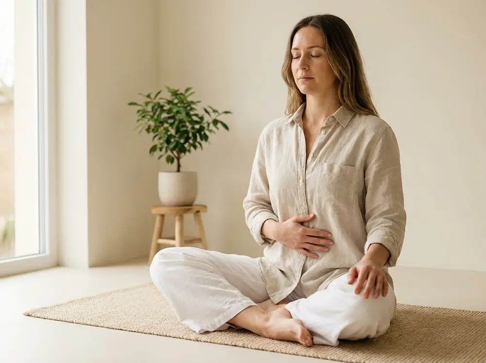 Femme assise pratiquant la technique de respiration 4-7-8 en position de m&eacute;ditation
