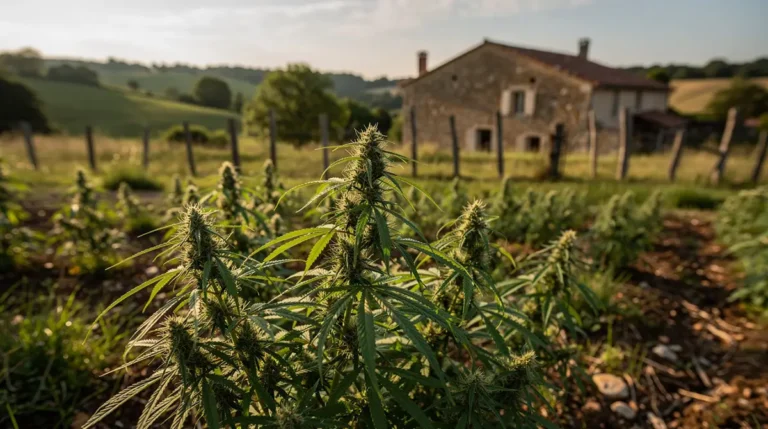 Fleur cbd : que dit vraiment la loi en France en 2026 ? Fleur de cbd cultivée en terre dans le jardin d'une maison à la campagne