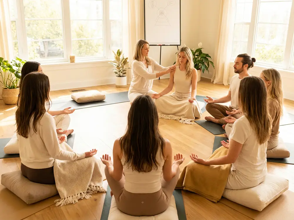 Groupe de participants en formation lahochi avec un formateur certifi&eacute;, apprenant la technique d'apposition des mains et de transmission d'&eacute;nergie