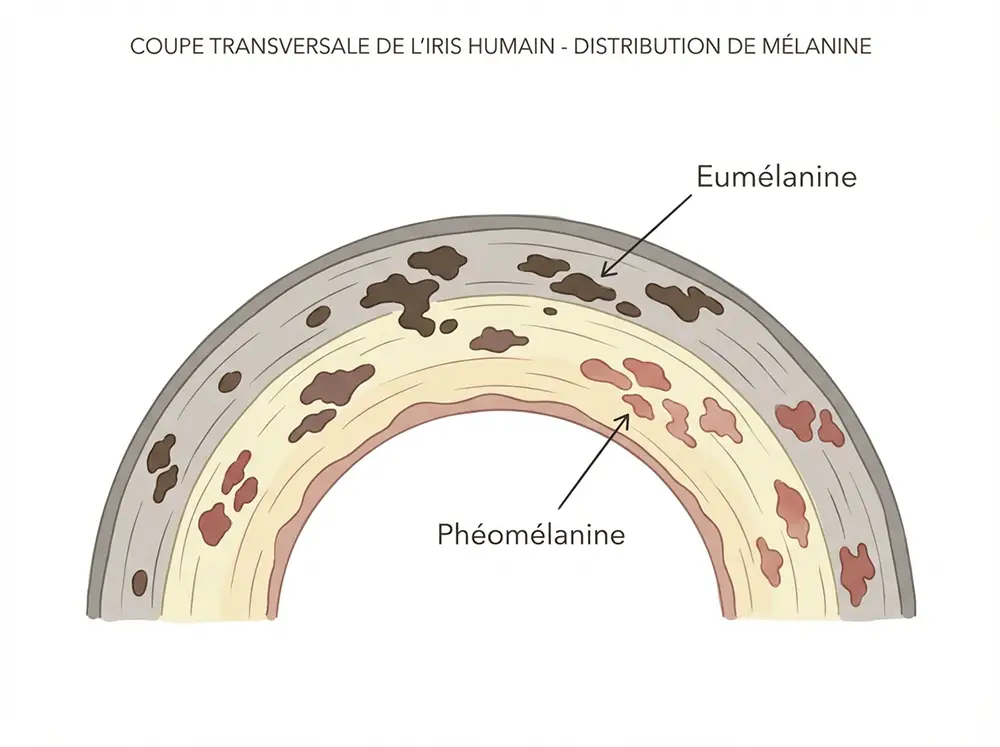 Illustration scientifique de la r&eacute;partition de la m&eacute;lanine dans un iris hazel
