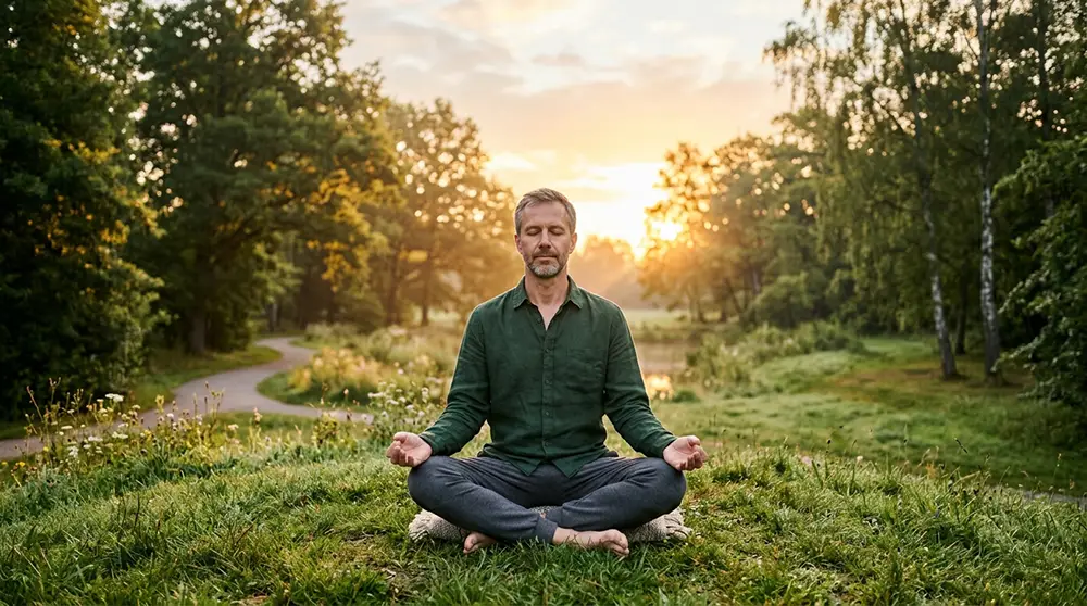 Homme m&eacute;ditant en plein air pour r&eacute;duire le cortisol et pr&eacute;server son taux de testost&eacute;rone