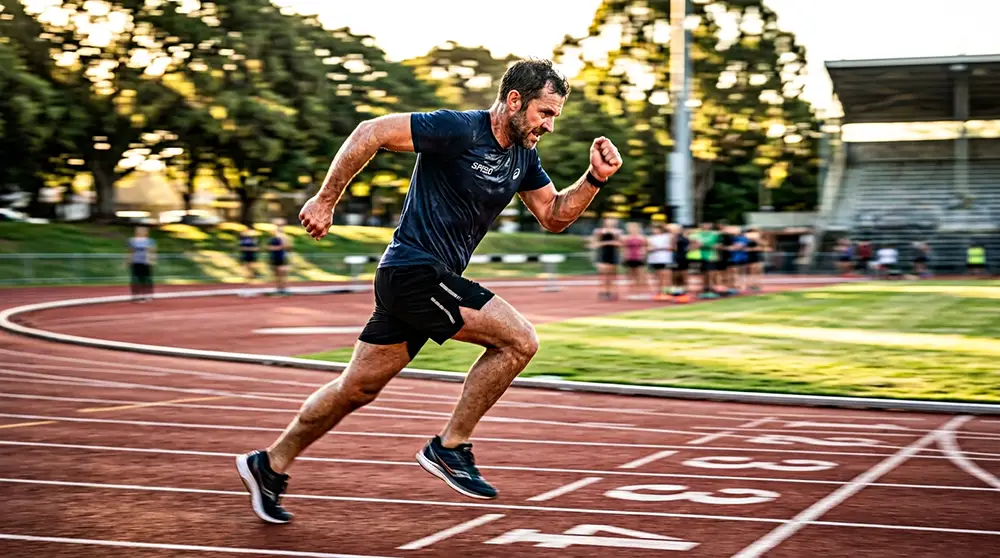 Homme pratiquant un entra&icirc;nement fractionn&eacute; HIIT en ext&eacute;rieur pour booster sa testost&eacute;rone