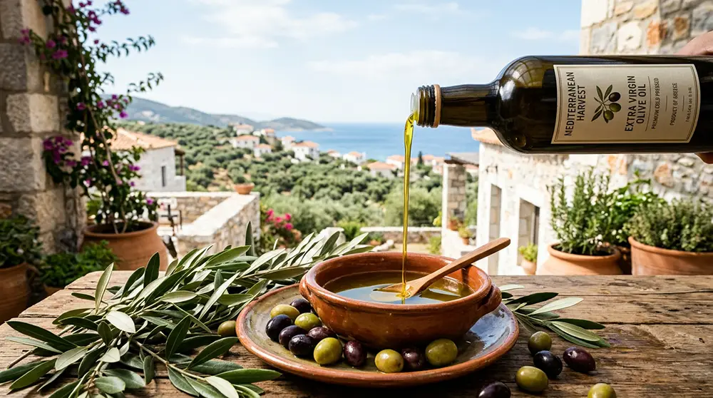 Bouteille d'huile d'olive extra vierge vers&eacute;e dans un bol en terre cuite entour&eacute;e d'olives et feuilles d'olivier