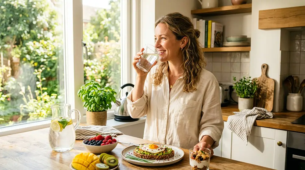 Femme buvant un verre d'eau le matin dans sa cuisine pour pr&eacute;venir les vertiges li&eacute;s &agrave; la d&eacute;shydratation