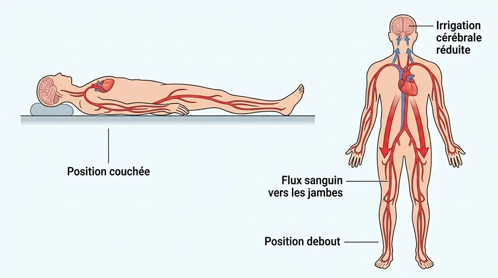 Sch&eacute;ma illustrant la chute de tension art&eacute;rielle et le d&eacute;placement du sang vers les jambes en se levant