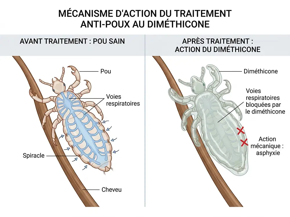 Illustration &eacute;ducative scientifique propre montrant le concept de traitement m&eacute;canique des poux, diagramme comparatif c&ocirc;te &agrave; c&ocirc;te avec pou et son syst&egrave;me respiratoire puis pou recouvert de dim&eacute;thicone bloquant les voies respiratoires, &eacute;tiquettes en fran&ccedil;ais, fond blanc