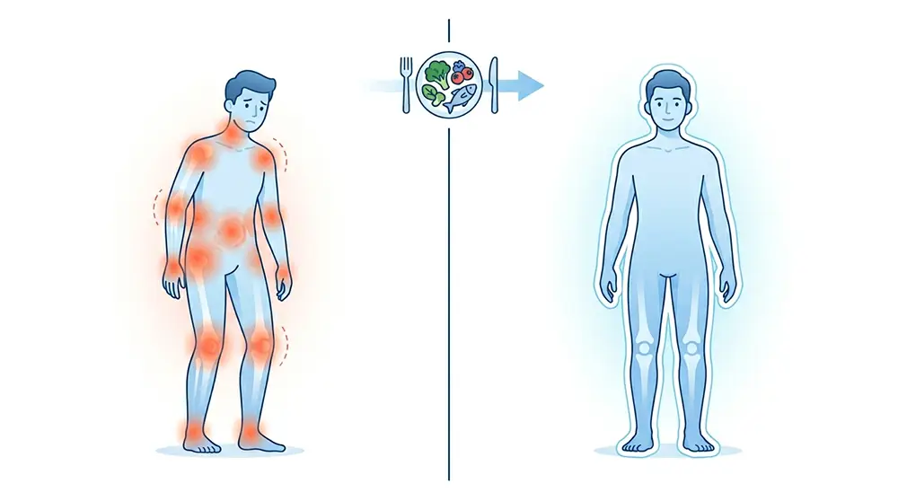 Illustration m&eacute;dicale comparant inflammation chronique et corps apais&eacute; par une alimentation anti-inflammatoire
