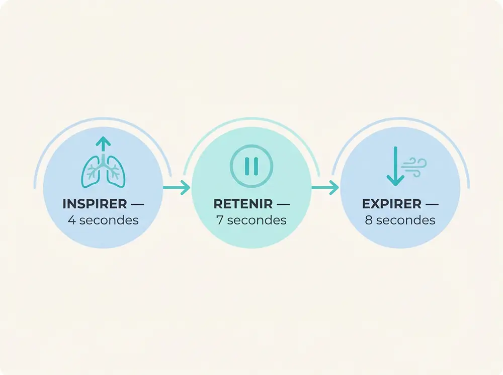 Sch&eacute;ma des trois phases de la technique 4-7-8 : inspirer 4s, retenir 7s, expirer 8s