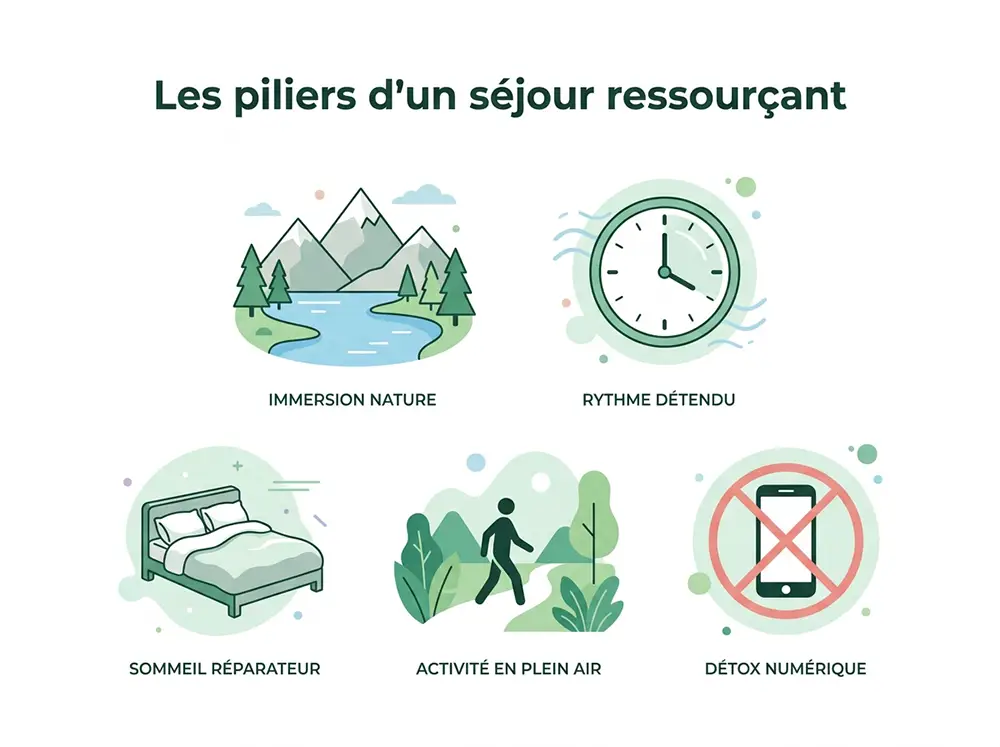 Infographie illustrée des 5 piliers d'un séjour ressourçant : nature, lenteur, déconnexion, mouvement doux, confort
