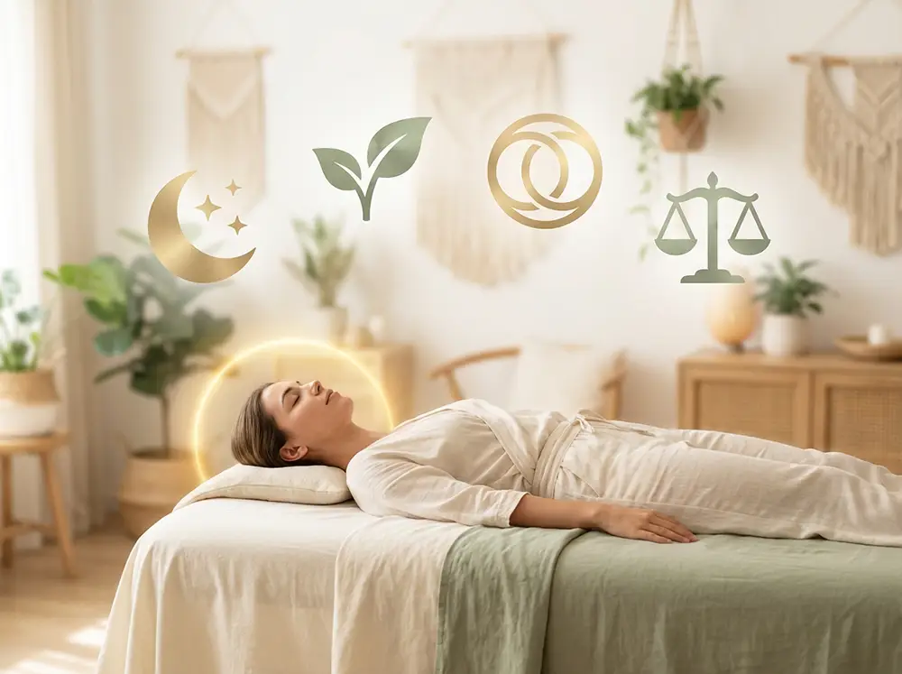 Personne en &eacute;tat de relaxation profonde lors d'un soin lahochi, entour&eacute;e d'un halo de lumi&egrave;re dor&eacute;e symbolisant les bienfaits &eacute;nerg&eacute;tiques