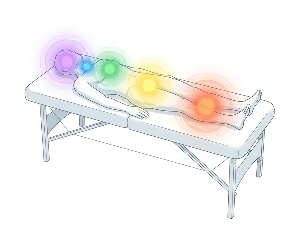 Sch&eacute;ma anatomique d'un corps humain allong&eacute; montrant les cinq zones d'apposition des mains lors d'une s&eacute;ance de lahochi : t&ecirc;te, gorge, c&oelig;ur, ventre, jambes