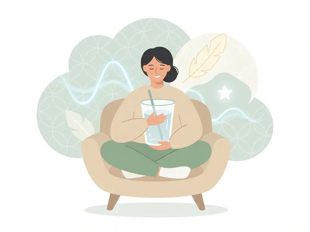 Personne sereine buvant un verre d'eau apr&egrave;s une s&eacute;ance de lahochi, illustrant l'importance de l'hydratation post-soin