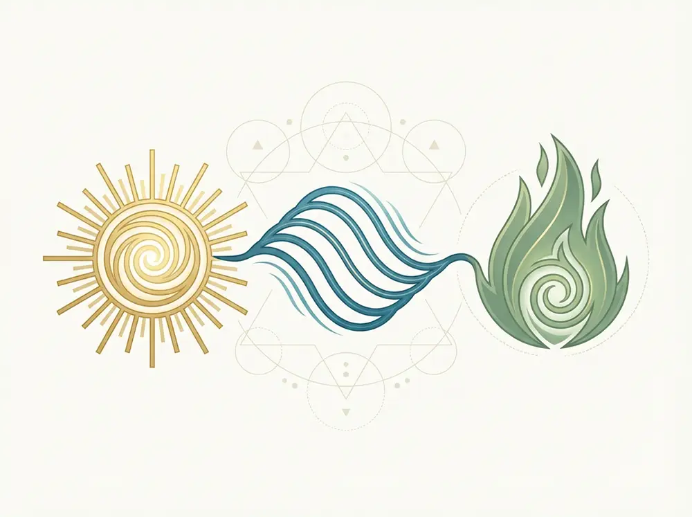 Repr&eacute;sentation visuelle des trois syllabes du mot lahochi : LA pour la lumi&egrave;re et l'amour, HO pour le mouvement, CHI pour la force vitale