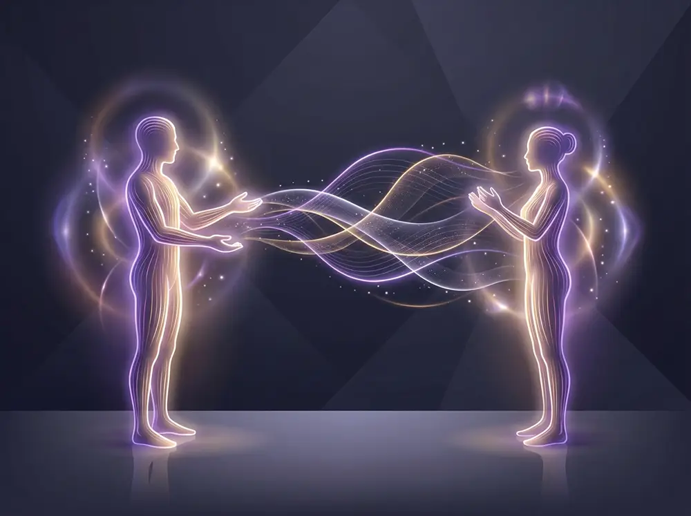 Illustration symbolique de la transmission d'&eacute;nergie lahochi entre deux silhouettes lumineuses, &eacute;voquant la canalisation de Satchamar en 1991