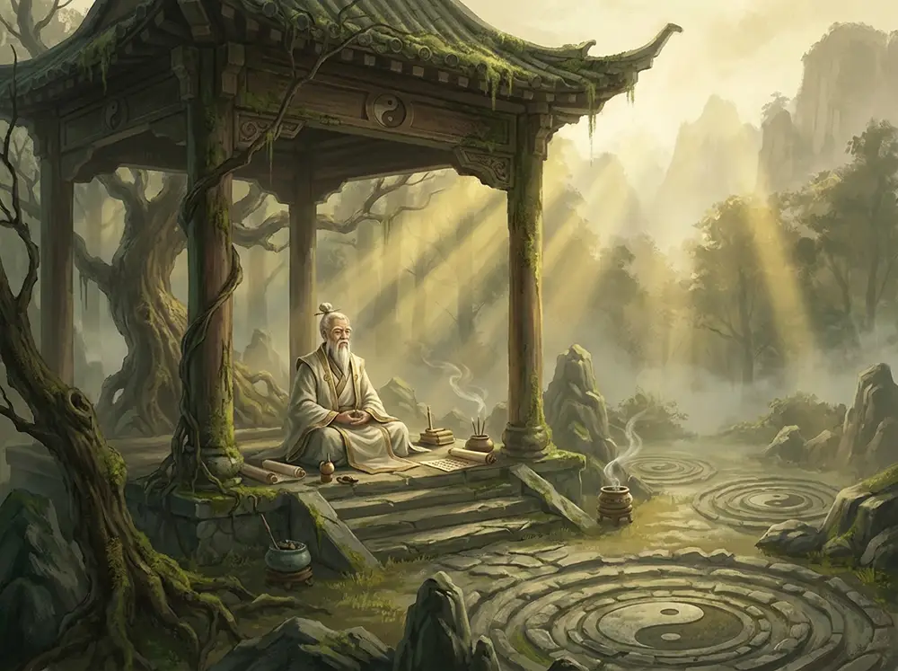 Sage oriental en m&eacute;ditation dans un temple, symbolisant les racines tao&iuml;stes du lahochi et l'enseignement de Lao-Tseu