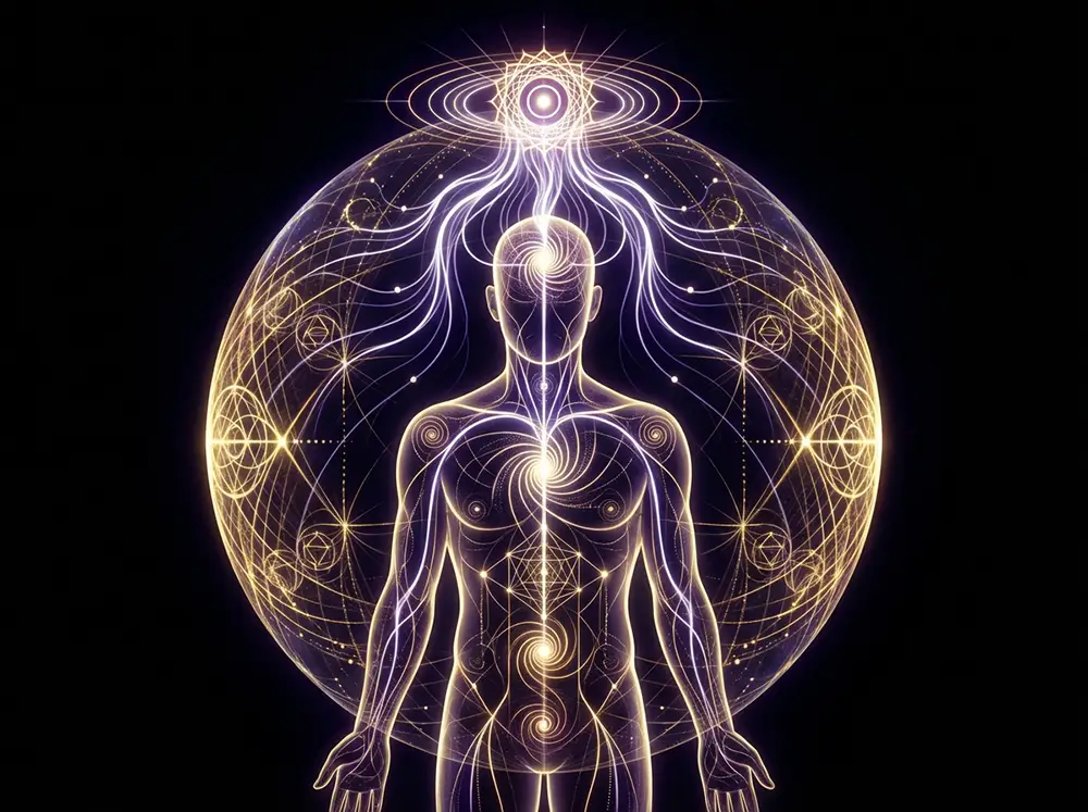 Silhouette humaine entour&eacute;e d'un bouclier de lumi&egrave;re dor&eacute;e repr&eacute;sentant le sceau de protection install&eacute; lors d'un soin lahochi