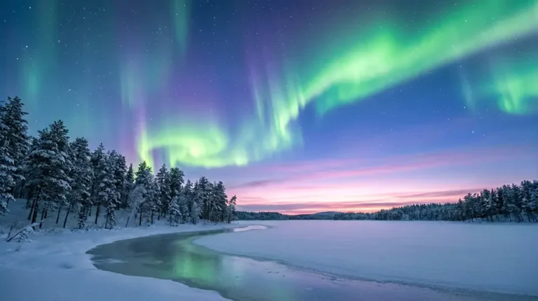 Photographie paysagère de la Laponie finlandaise en hiver au crépuscule, aurores boréales vertes et violettes dansant au-dessus d'une forêt de pins enneigée immaculée,