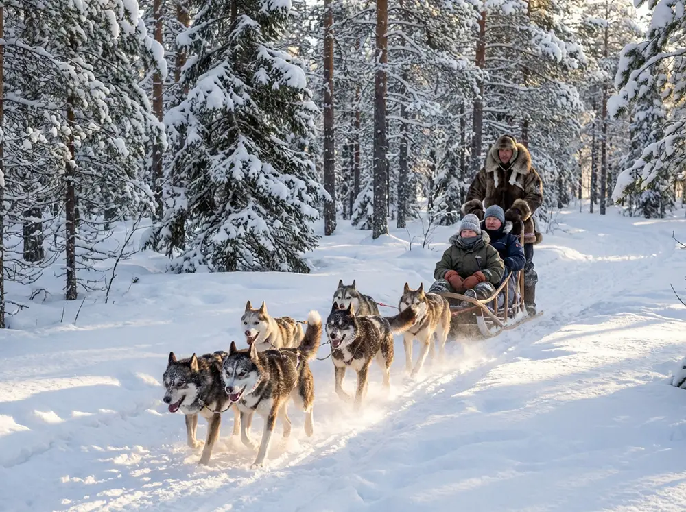 Photographie d'une équipe de chiens de traîneau avec huskies enthousiastes courant à travers un sentier forestier enneigé en Laponie en hiver, musher guidant le traîneau depuis l'arrière, voyageurs emmitouflés assis sur le traîneau,