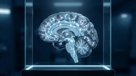 Leucopathie vasculaire : comprendre, diagnostiquer et agir Coupe sagittale d'un cerveau humain montrant des hypersignaux de la substance blanche caractéristiques de la leucopathie vasculaire