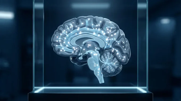 Coupe sagittale d'un cerveau humain montrant des hypersignaux de la substance blanche caractéristiques de la leucopathie vasculaire