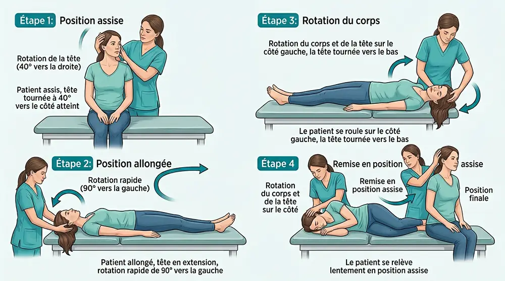 Illustration des quatre &eacute;tapes de la man&oelig;uvre d'Epley pour repositionner les cristaux de l'oreille interne
