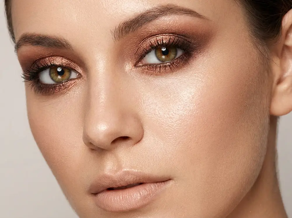 Femme aux yeux hazel maquill&eacute;s avec des fards cuivr&eacute; et bronze, eyeliner brun et mascara noir