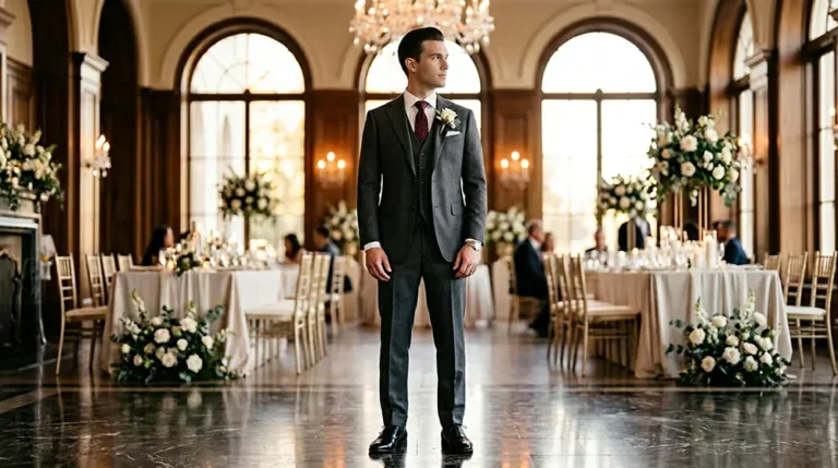 Portrait élégant en pied d'un marié sophistiqué en costume trois-pièces gris anthracite parfaitement ajusté, debout avec confiance dans un lieu de mariage luxueux, chemise blanche et cravate en soie bordeaux, chaussures oxford en cuir noir poli
