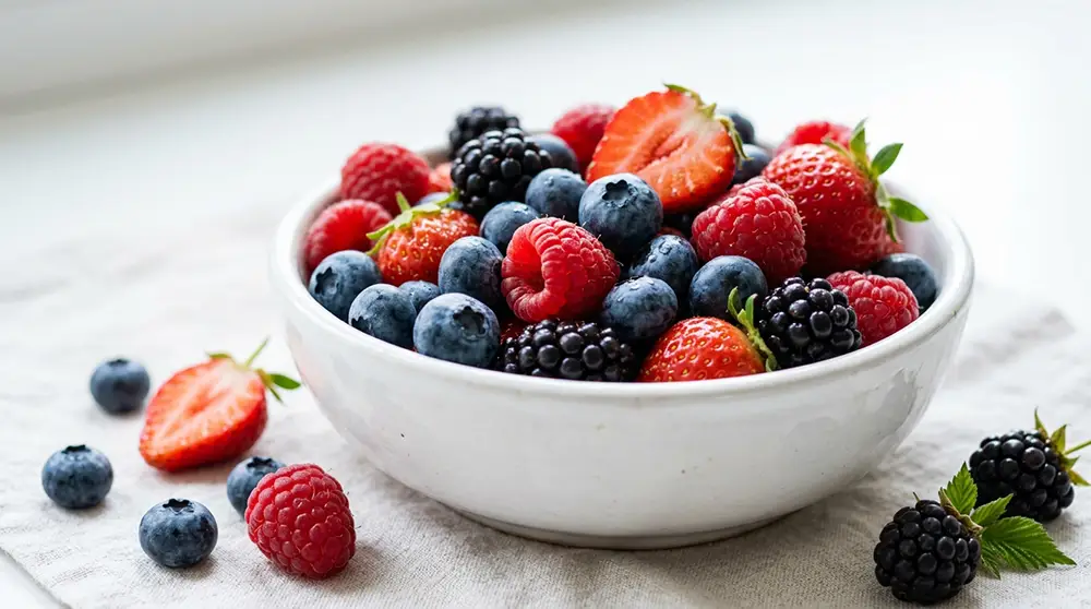 Bol de myrtilles, framboises, fraises et m&ucirc;res fra&icirc;ches riches en polyph&eacute;nols et anthocyanes