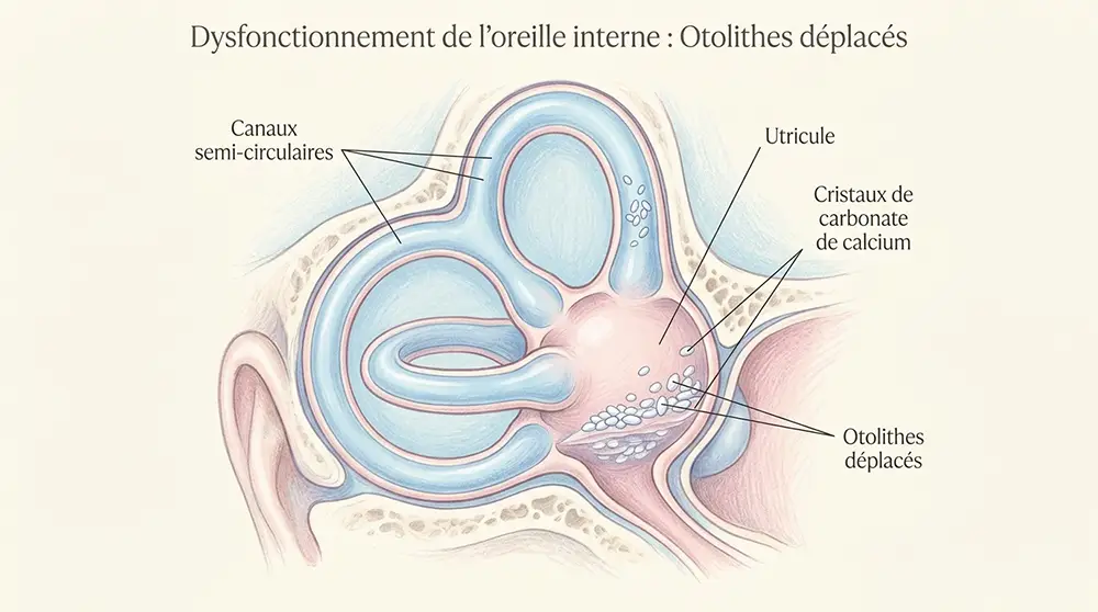 Anatomie de l'oreille interne avec otolithes d&eacute;plac&eacute;s dans les canaux semi-circulaires provoquant un VPPB
