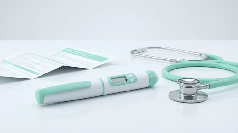 Stylo injecteur Ozempic sémaglutide sur surface médicale blanche