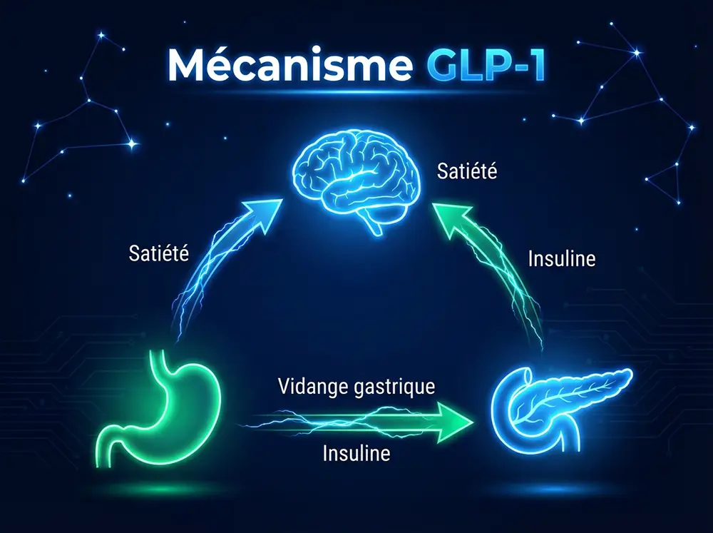 Sch&eacute;ma du m&eacute;canisme d'action du GLP-1 : cerveau, pancr&eacute;as et estomac