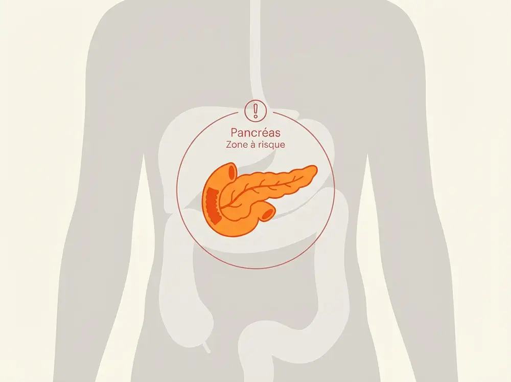 Illustration anatomique du pancr&eacute;as mis en &eacute;vidence, risque grave de l'Ozempic