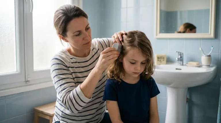 Photographie éditoriale professionnelle d'un parent préoccupé examinant les cheveux de son enfant avec un peigne anti-poux fin, gros plan montrant inspection minutieuse, lumière naturelle douce dans salle de bain familiale, atmosphère rassurante et informative