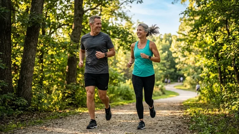 Le meilleur programme d’entraînement pour perdre du poids à 50 ans Homme et femme de 50 ans qui courent dans un parc pour perdre du poids