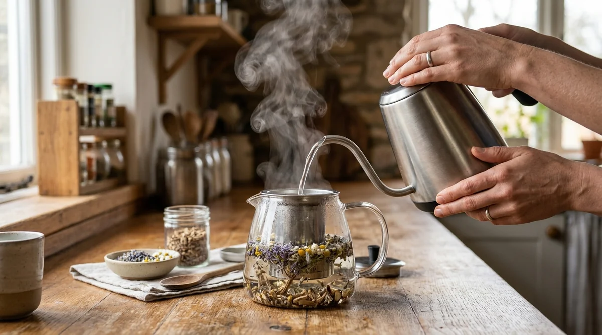 Comment préparer une tisane pour mieux dormir efficacement Préparation d'une infusion de plantes médicinales pour mieux dormir avec eau frémissante et herbes séchées