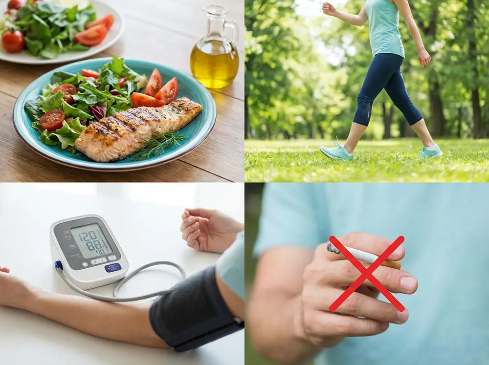 Illustration des leviers de prévention de la leucopathie vasculaire : alimentation méditerranéenne, activité physique, arrêt du tabac et contrôle tensionnel