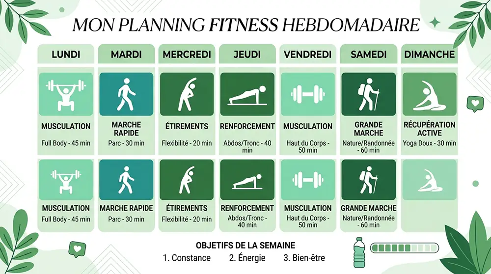 Tableau de planification hebdomadaire d'un programme sportif pour perdre du poids à 50 ans