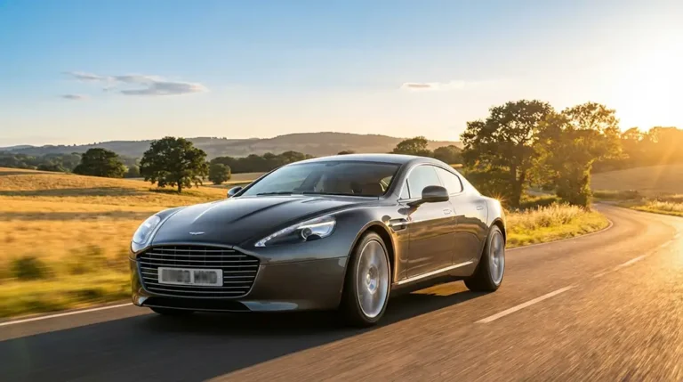 Voiture bien entretenue roulant sur route dégagée au coucher du soleil