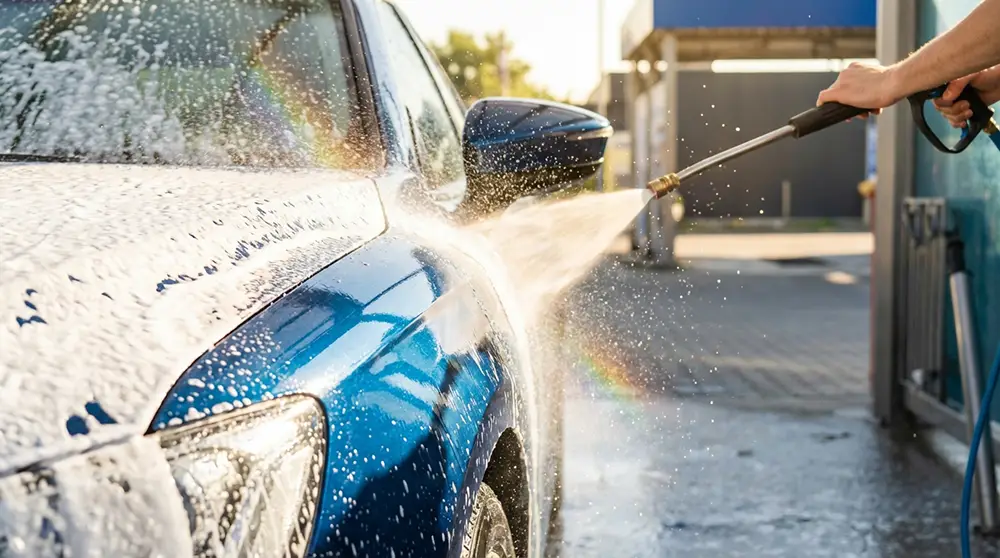 Lavage de la carrosserie d'une voiture avec jet d'eau et mousse protectrice