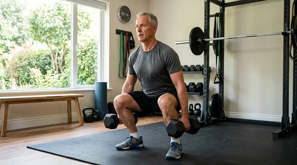 Homme de 55 ans qui fait des squats avec halt&egrave;res &agrave; domicile