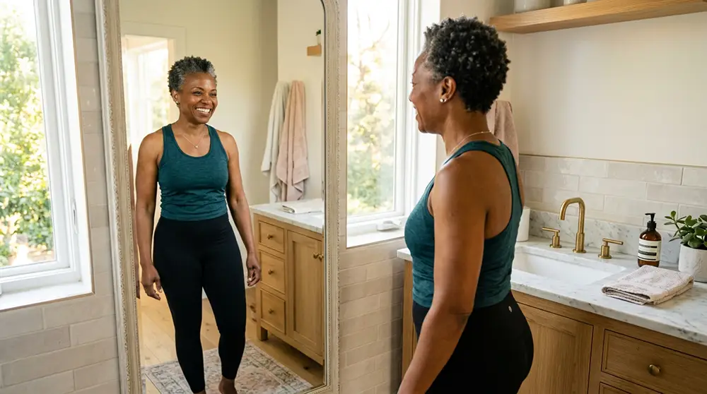 Femme de 50 ans souriante et confiante après sa transformation physique