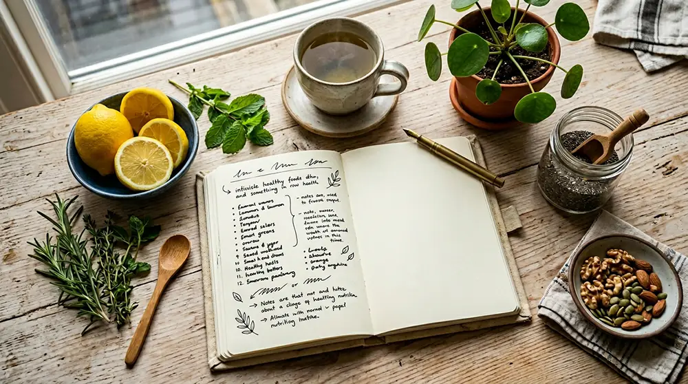 Journal de nutrition avec liste d'aliments anti-inflammatoires entour&eacute; de graines de chia, noix, citron et th&eacute; vert