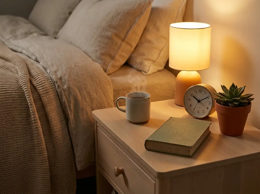 Table de nuit avec r&eacute;veil, tisane et livre pour une routine du soir favorisant l'endormissement