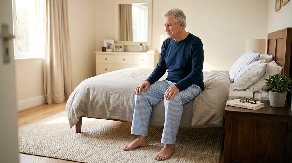 Homme senior assis au bord du lit prenant le temps de se lever pour &eacute;viter les vertiges