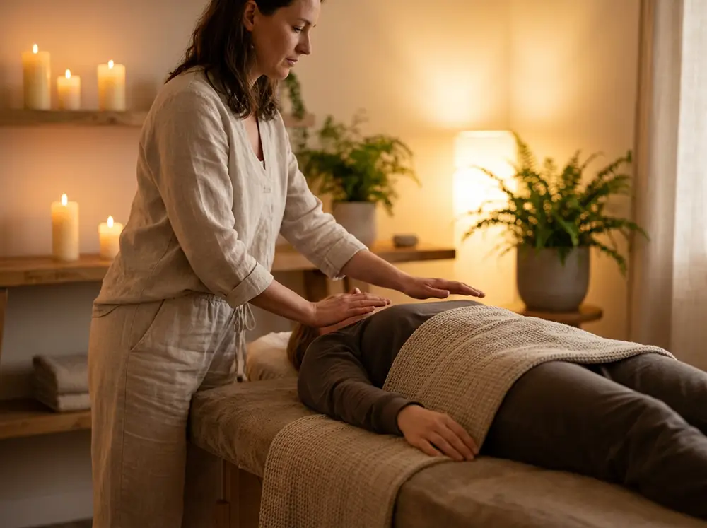 Praticien lahochi les mains l&eacute;g&egrave;rement au-dessus du corps d'un receveur allong&eacute; sur une table de massage lors d'une s&eacute;ance &eacute;nerg&eacute;tique